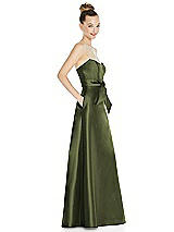 Side View Thumbnail - Olive Green Basque-Neck Strapless Satin Gown with Mini Sash