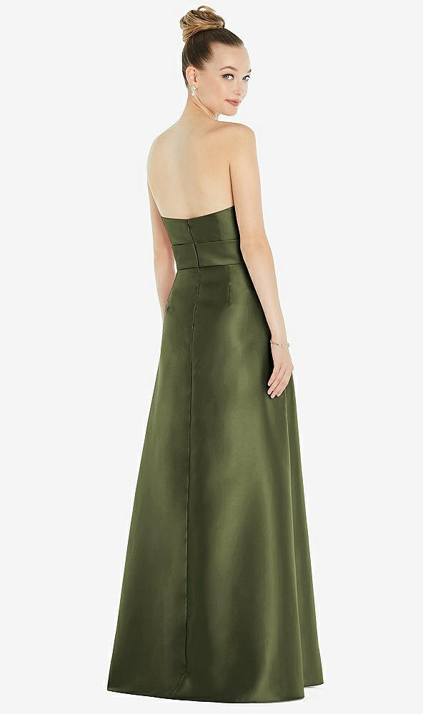 Back View - Olive Green Basque-Neck Strapless Satin Gown with Mini Sash