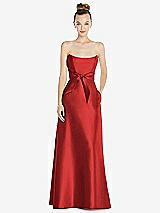 Front View Thumbnail - Poppy Red Basque-Neck Strapless Satin Gown with Mini Sash