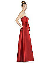 Side View Thumbnail - Poppy Red Basque-Neck Strapless Satin Gown with Mini Sash