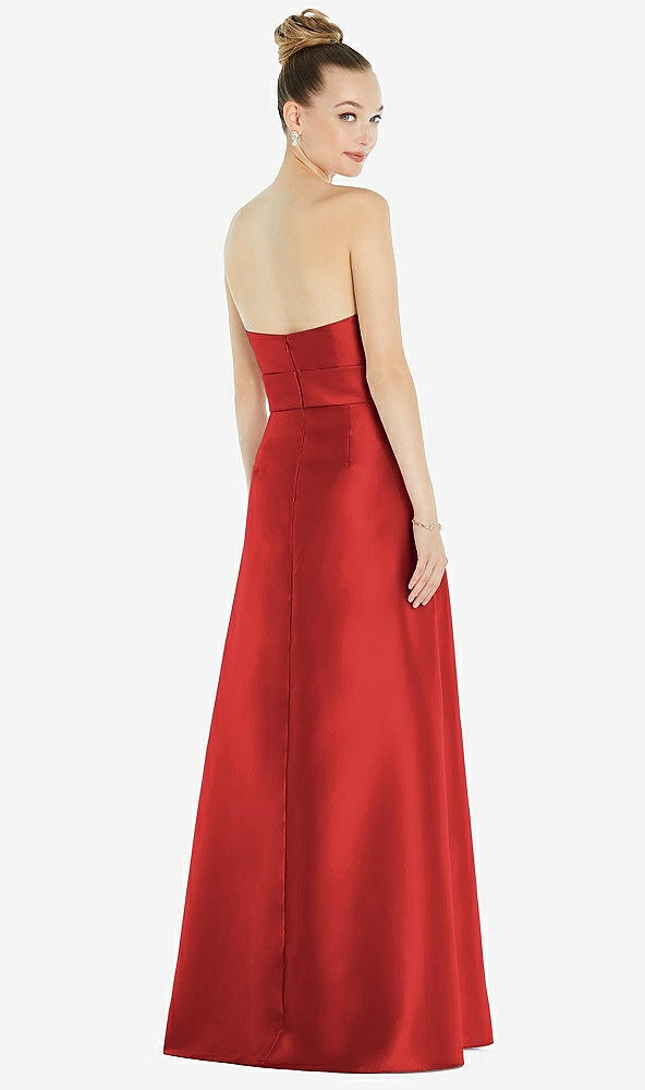 Back View - Poppy Red Basque-Neck Strapless Satin Gown with Mini Sash