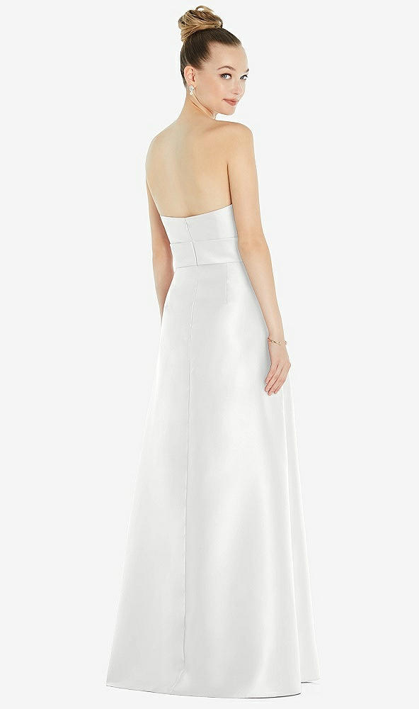 Back View - White Basque-Neck Strapless Satin Gown with Mini Sash