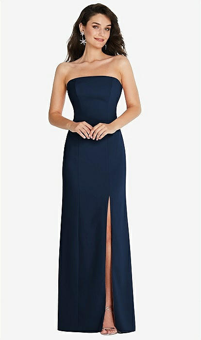 Strapless Scoop Back Maxi Dress with Front Slit in Midnight Navy (Blue)