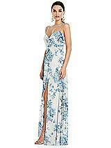 Side View Thumbnail - Cottage Rose Dusk Blue Adjustable Strap Wrap Bodice Maxi Dress with Front Slit 