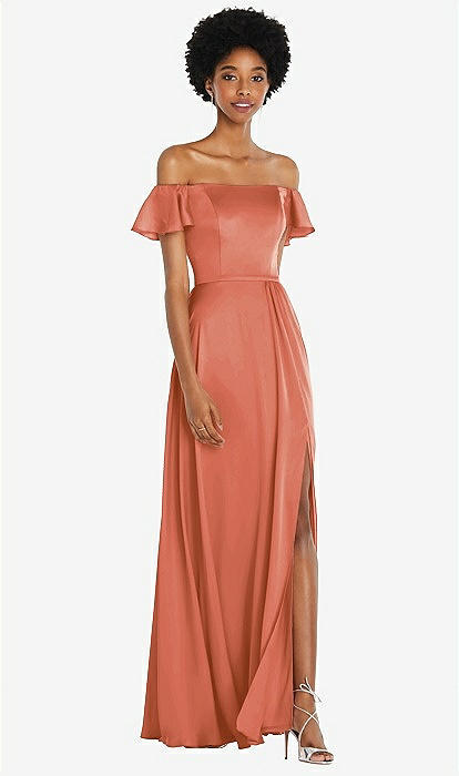 Straight-neck Ruffled Off-the-shoulder Satin Maxi Bridesmaid Dress In Terracotta Copper | The Dessy Group Straight-neck Ruffled Off-the-shoulder Satin Maxi Bridesmaid Dress In Terracotta Copper | The Dessy Group