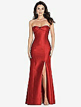 Front View Thumbnail - Poppy Red Bow Cuff Strapless Princess Waist Trumpet Gown