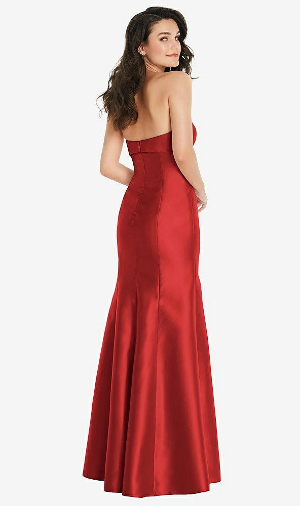 Back View - Poppy Red Bow Cuff Strapless Princess Waist Trumpet Gown
