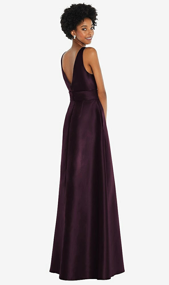 Back View - Deep Plum Jewel-Neck V-Back Maxi Dress with Mini Sash