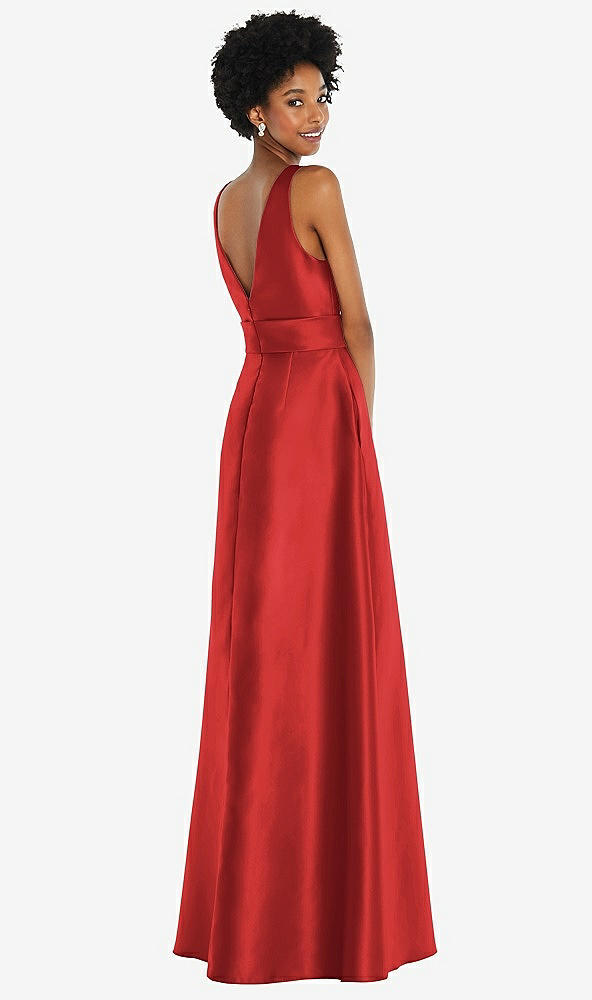 Back View - Poppy Red Jewel-Neck V-Back Maxi Dress with Mini Sash