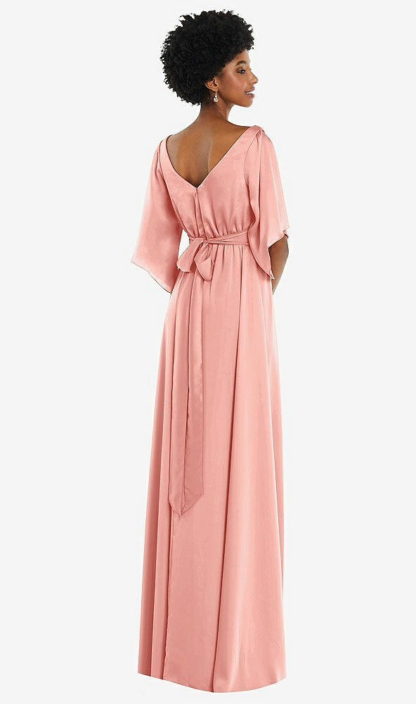 Back View - Rose Asymmetric Bell Sleeve Wrap Maxi Dress with Front Slit