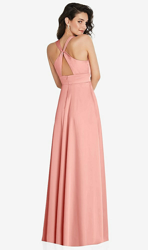 Back View - Rose Shirred Shoulder Criss Cross Back Maxi Dress with Front Slit