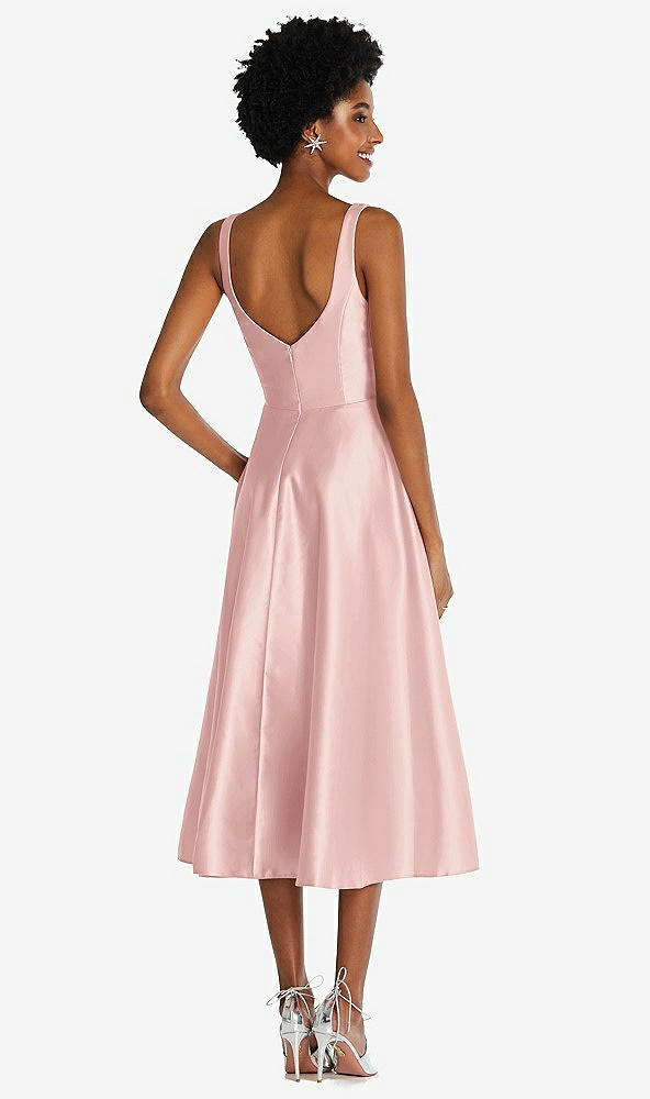 Back View - Rose Square Neck Full Skirt Satin Midi Dress with Pockets