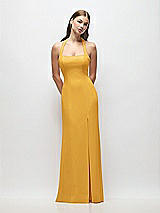Front View Thumbnail - NYC Yellow Tie Halter Open Back Trumpet Gown 