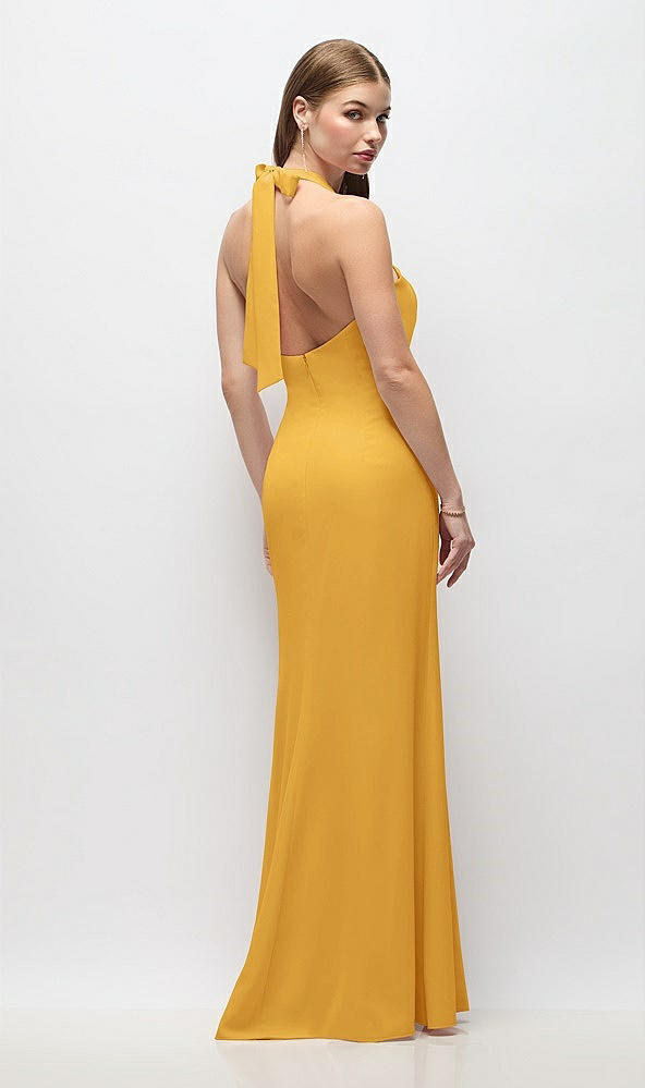 Back View - NYC Yellow Tie Halter Open Back Trumpet Gown 