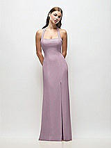 Front View Thumbnail - Suede Rose Tie Halter Open Back Trumpet Gown 