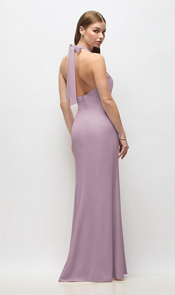Back View - Suede Rose Tie Halter Open Back Trumpet Gown 