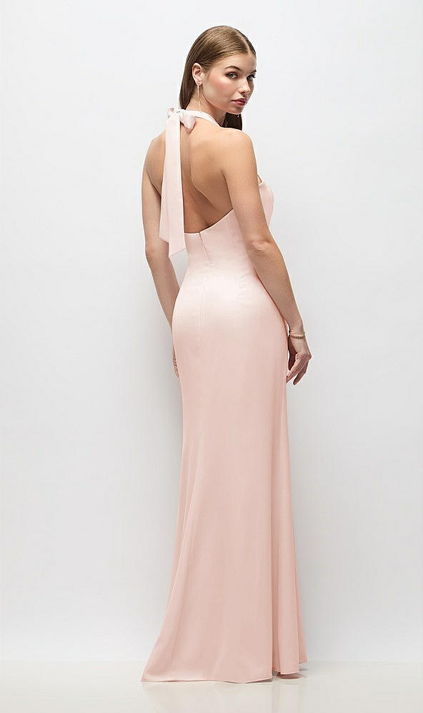 Back View - Blush Tie Halter Open Back Trumpet Gown 