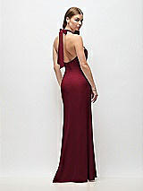 Rear View Thumbnail - Burgundy Tie Halter Open Back Trumpet Gown 