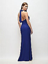 Rear View Thumbnail - Cobalt Blue Tie Halter Open Back Trumpet Gown 
