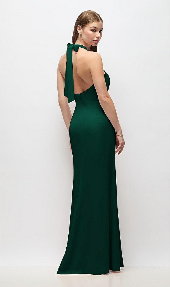 Back View - Hunter Green Tie Halter Open Back Trumpet Gown 