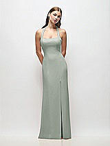 Front View Thumbnail - Willow Green Tie Halter Open Back Trumpet Gown 