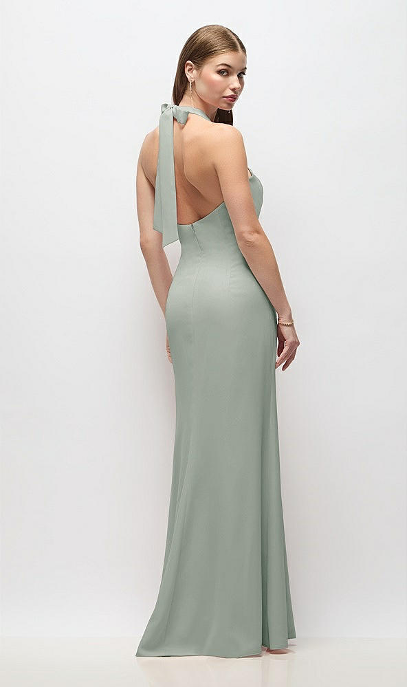 Back View - Willow Green Tie Halter Open Back Trumpet Gown 