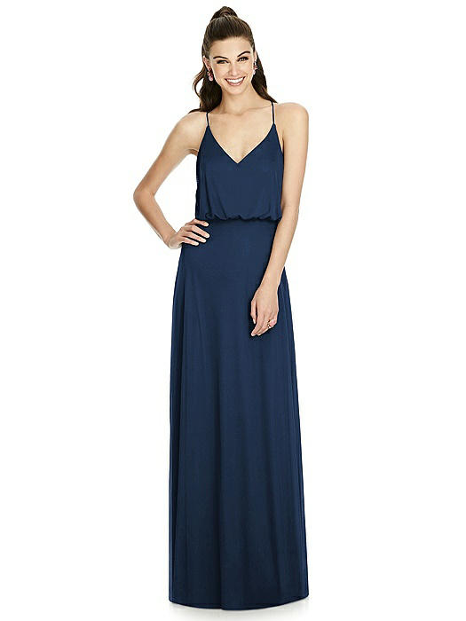 Inverted V-Back Blouson A-Line Maxi Dress