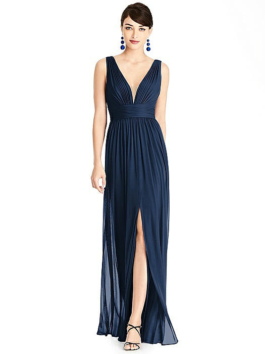 Illusion Plunge Neck Shirred Maxi Dress