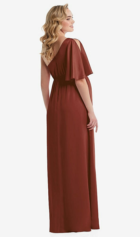 Back View - Auburn Moon One-Shoulder Flutter Sleeve Maternity Dress