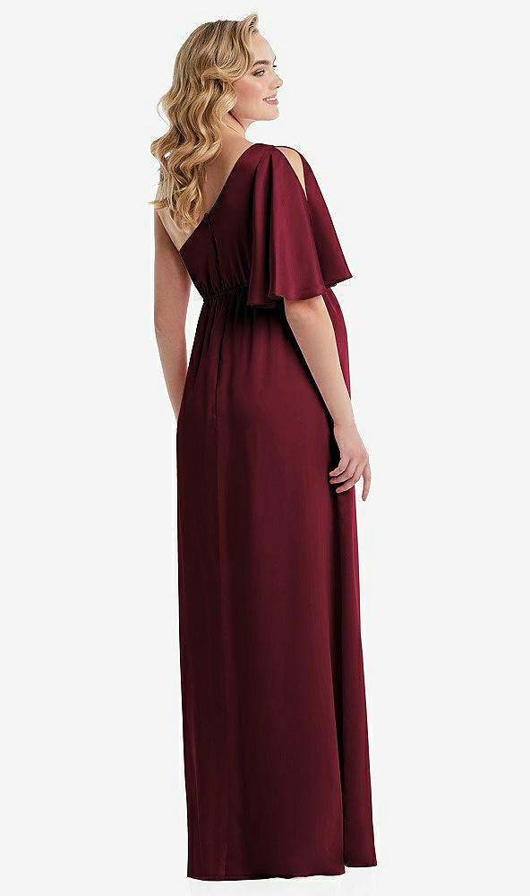 Back View - Cabernet One-Shoulder Flutter Sleeve Maternity Dress