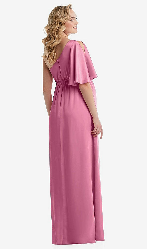 Back View - Orchid Pink One-Shoulder Flutter Sleeve Maternity Dress