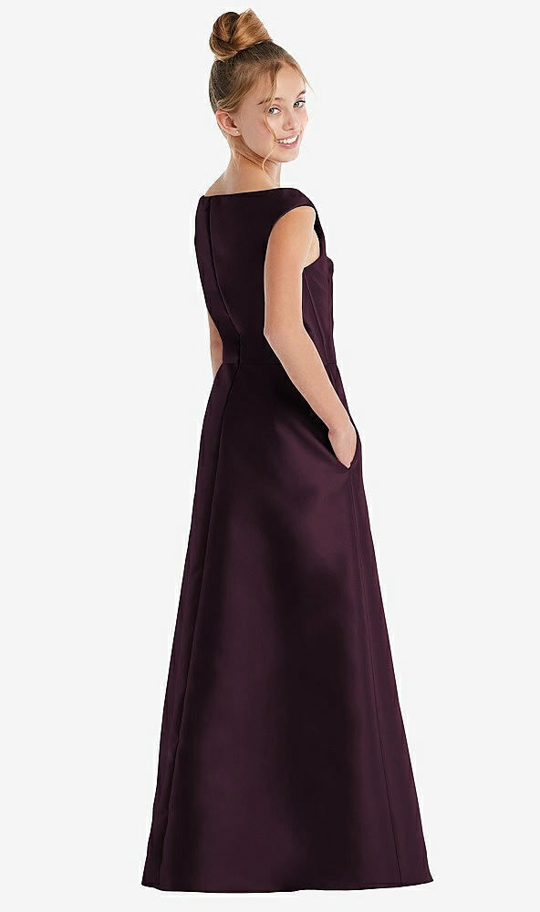 Back View - Deep Plum Off-the-Shoulder Draped Wrap Satin Junior Bridesmaid Dress