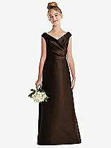 Front View Thumbnail - Espresso Off-the-Shoulder Draped Wrap Satin Junior Bridesmaid Dress