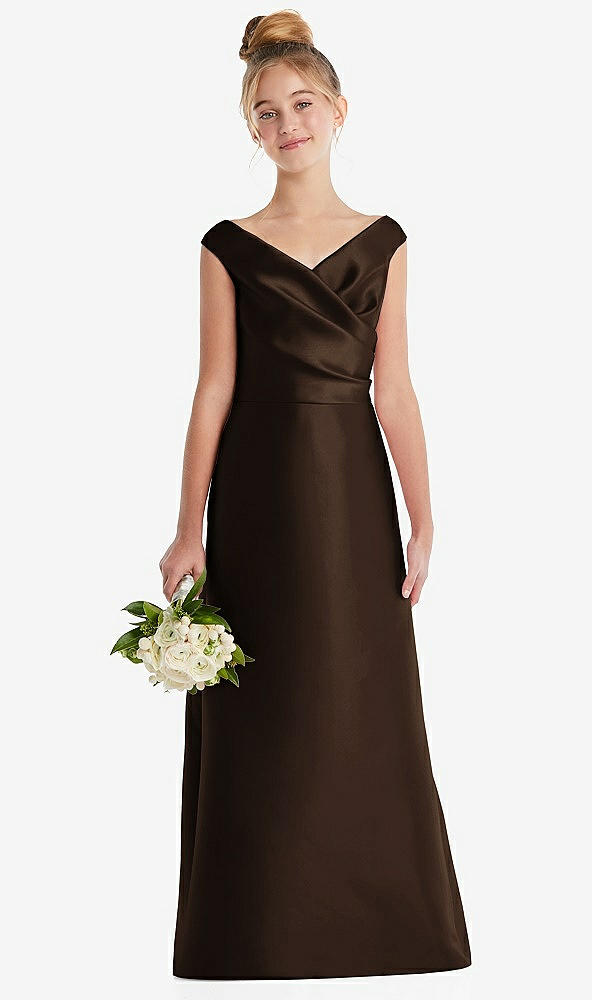 Front View - Espresso Off-the-Shoulder Draped Wrap Satin Junior Bridesmaid Dress