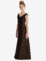 Side View Thumbnail - Espresso Off-the-Shoulder Draped Wrap Satin Junior Bridesmaid Dress