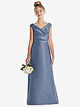 Front View Thumbnail - Larkspur Blue Off-the-Shoulder Draped Wrap Satin Junior Bridesmaid Dress
