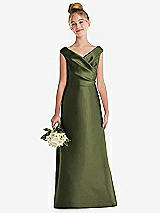 Front View Thumbnail - Olive Green Off-the-Shoulder Draped Wrap Satin Junior Bridesmaid Dress
