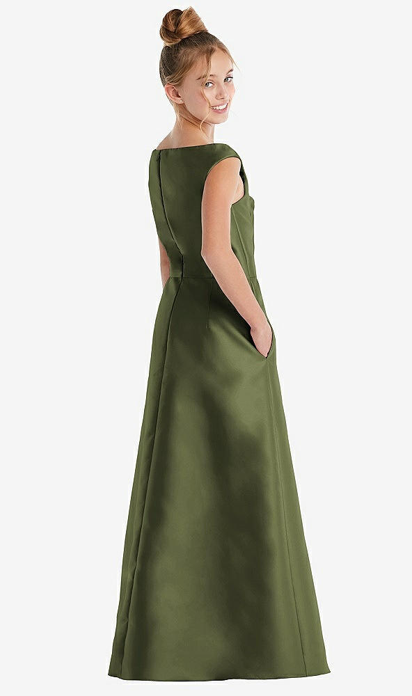 Back View - Olive Green Off-the-Shoulder Draped Wrap Satin Junior Bridesmaid Dress