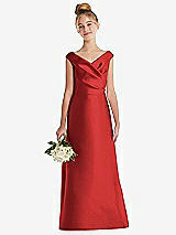 Front View Thumbnail - Poppy Red Off-the-Shoulder Draped Wrap Satin Junior Bridesmaid Dress