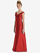 Side View Thumbnail - Poppy Red Off-the-Shoulder Draped Wrap Satin Junior Bridesmaid Dress