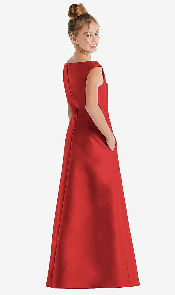 Back View - Poppy Red Off-the-Shoulder Draped Wrap Satin Junior Bridesmaid Dress