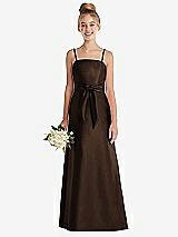 Front View Thumbnail - Espresso Spaghetti Strap Satin Junior Bridesmaid Dress with Mini Sash