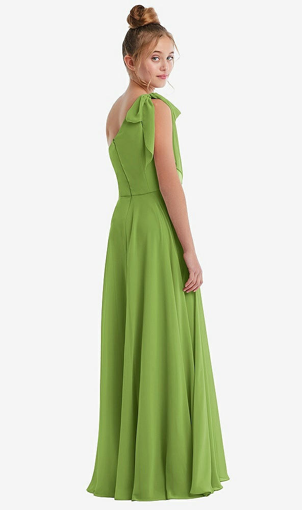 Back View - Peridot Green One-Shoulder Scarf Bow Chiffon Junior Bridesmaid Dress