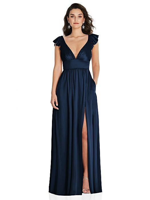 Deep V-Neck Ruffle Cap Sleeve Maxi Dress with Convertible Straps