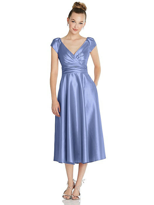 Cap Sleeve Faux Wrap Satin Midi Dress with Pockets