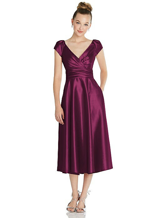 Cap Sleeve Faux Wrap Satin Midi Dress with Pockets