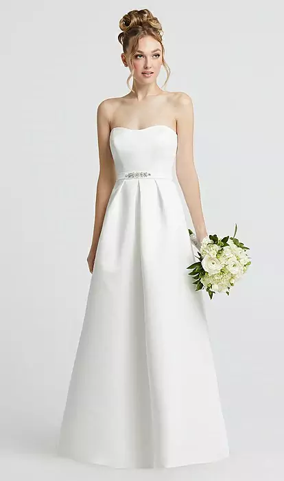 Sweetheart Strapless Satin Wedding Bridesmaid Dress With Beaded Belt In Off White
