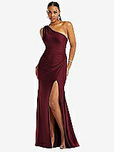 Front View Thumbnail - Cabernet One-Shoulder Asymmetrical Cowl Back Stretch Satin Mermaid Dress