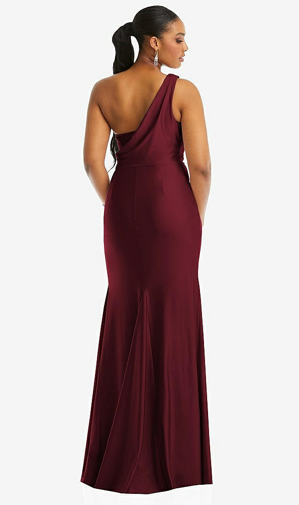 Back View - Cabernet One-Shoulder Asymmetrical Cowl Back Stretch Satin Mermaid Dress