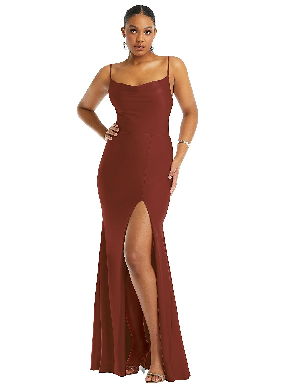 gathered cowl stretch satin mermaid dress Cowl-Neck Open Tie-Back Stretch Satin Mermaid Dress with Slight Train in Auburn Moon (Orange)